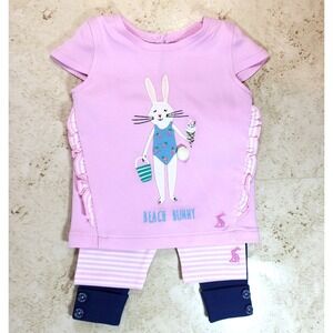 Joules Paula Beach Bunny Pink Shirt Solid & Striped Pant 3 piece Birth to 10 #